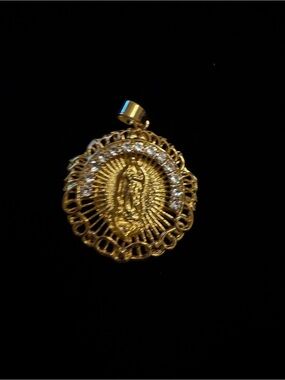 Gold Religious Medallion Pendant with Crystal Accents